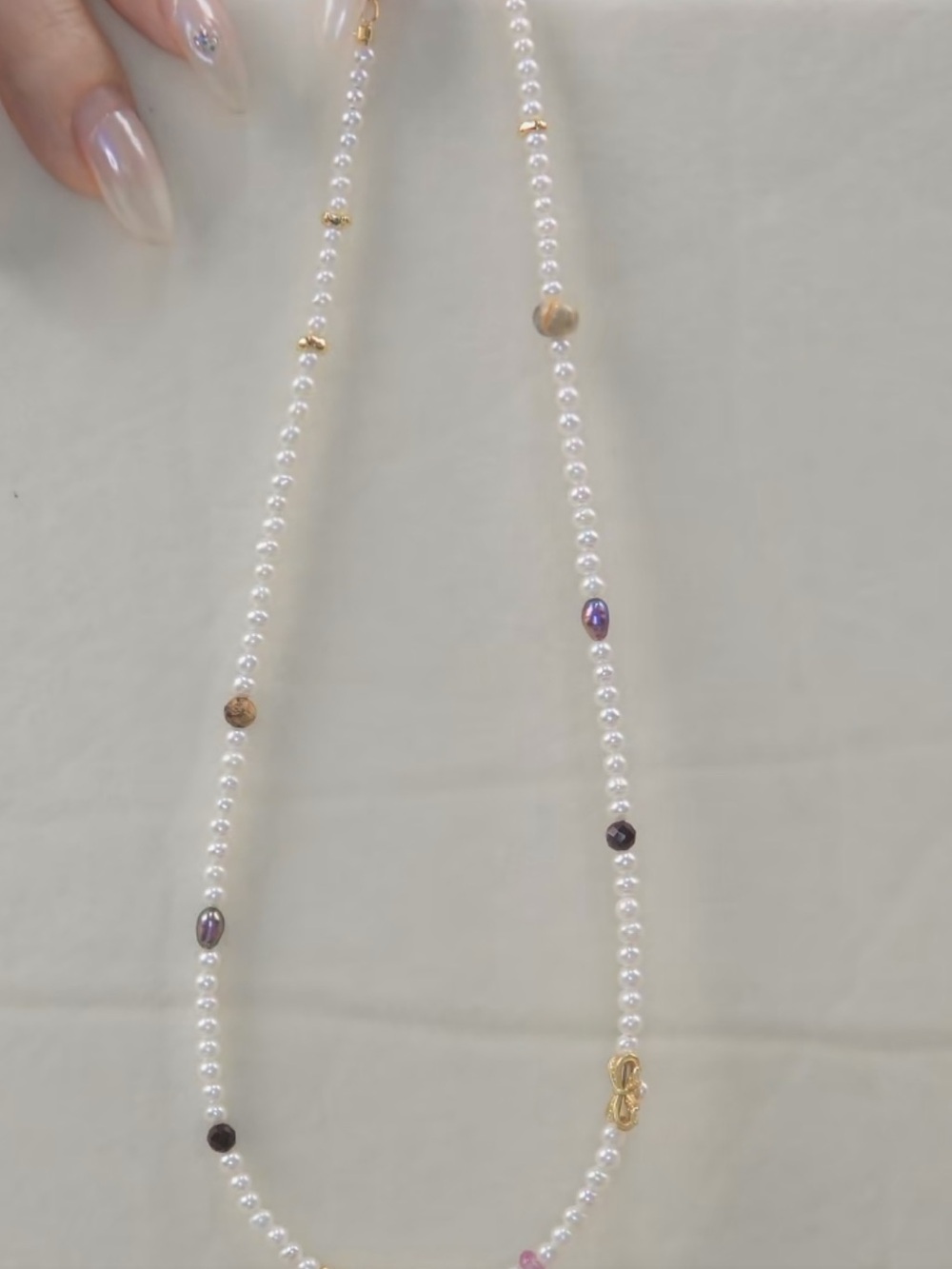 Delicate White Pearl Beaded Necklace with bow & Multicolor Accent Beads